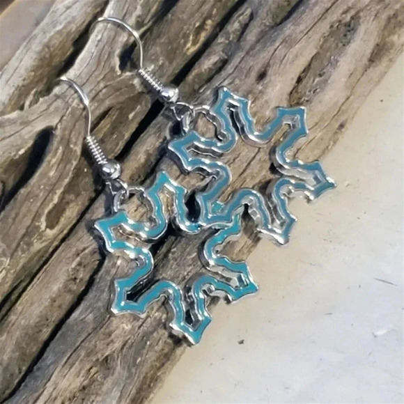 Enameled Snowflake Drops Silver Teal Blue Winter Christmas Holidays Earrings - Picture 1 of 5